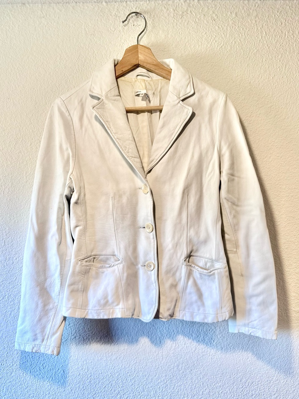 VINCE White Cream Genuine Leather Button-Front Blazer Jacket